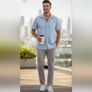 CONTIGO Button Up Shirt Mens Latino Style Short Sleeve 4 Pocket Relax Boss Sz XL